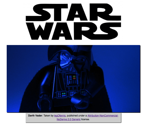 Die Worte Star Wars gefolgt von einem Bild einer Lego-Version des Darth-Vader-Charakters